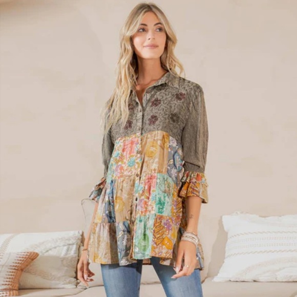 Young Threads Boho Patchwork Tunic Top Sage Green Embroidered Vintage Blouse L - Picture 4 of 4